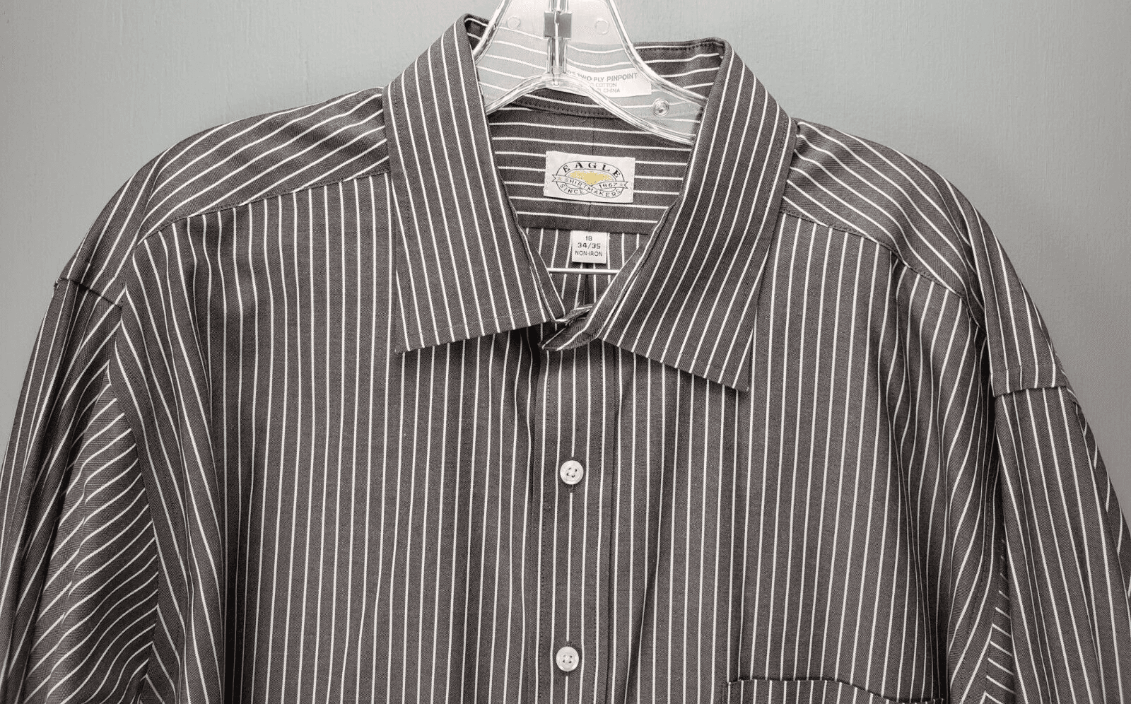 Mens Button Down Eagle Shirt Co Bo's Two Ply Pinpoint 18 34/35 Gray White Stripe