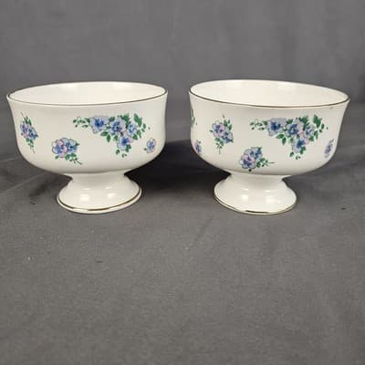 Royal Victoria Bone China Blue & Pink Floral Footed Bowl Set of 2 England