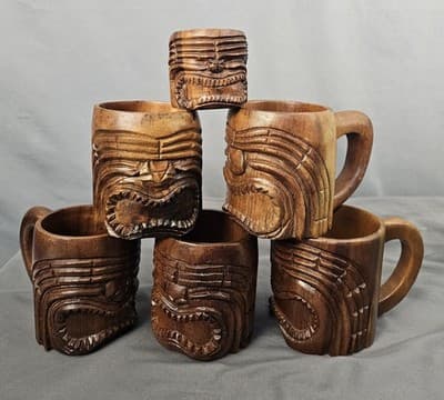 Set Of 6 Tiki Mugs Wood Polynesian God Face Hand Carved Cup with Handle