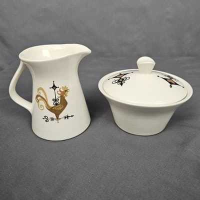 Weather Vane Edwin Knowles Rooster Creamer and Sugar Bowl w Lid Set MCM