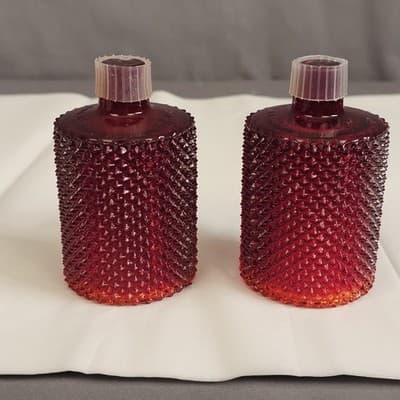 2 VTG Orange Amberina Votive Candle Holder Pegged Glass Diamond Point Nob Hill