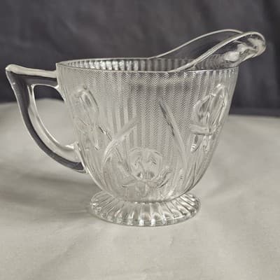 VTG Jeanette Iris & Herringbone Creamer Pitcher Crystal Depression Glass 4”