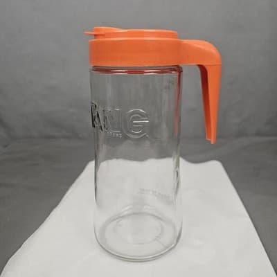 MINT Vintage Tang Pitcher Orange Jar 70's Anchor Hocking Clear Glass Pour Lid