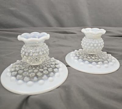 VTG Pair Hobnail Opalescent Art Glass Candleholders Fenton No Marks