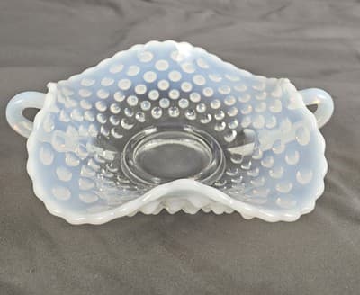 VTG Fenton Hobnail French Opalescent Square Ruffle Shaped Handled Bowl 7.50" L