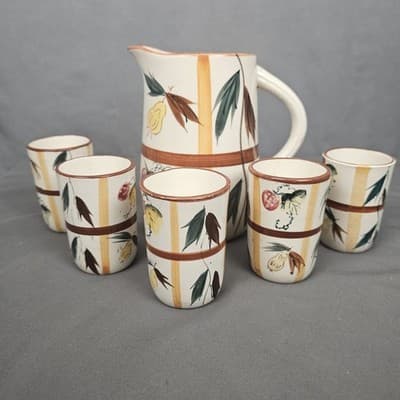 Vintage Nasco ? Ceramic Pitcher And Cups Glasses Juice Drink Set Hand Painted