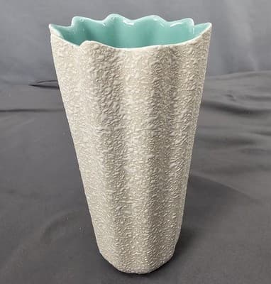Vintage 7.5" Vase USA Pottery Splatter texture with Turquiose and Ruffled Top