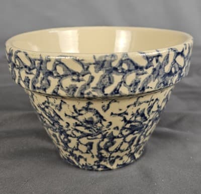Antique Stoneware Pottery 6"D Blue Spongeware Mixing Bowl / Robinson Ransbottom