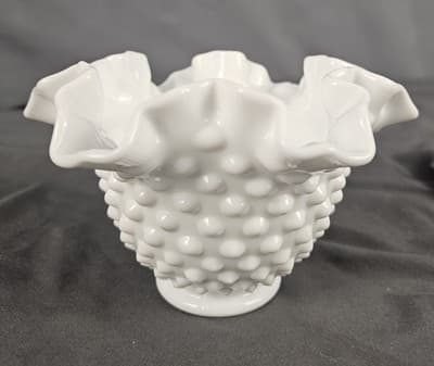 Vintage Fenton White Milk Glass Hobnail Rose Bowl Ruffled Edge 3.5 Inch Pre-Logo