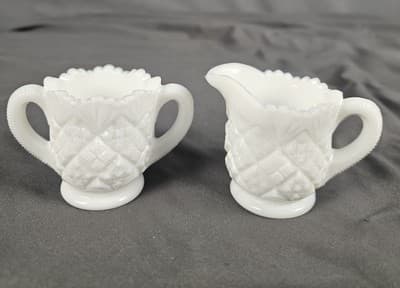 Small Westmoreland Milk Glass Sugar and Creamer, Mini Milk Sugar Quilt Pattern