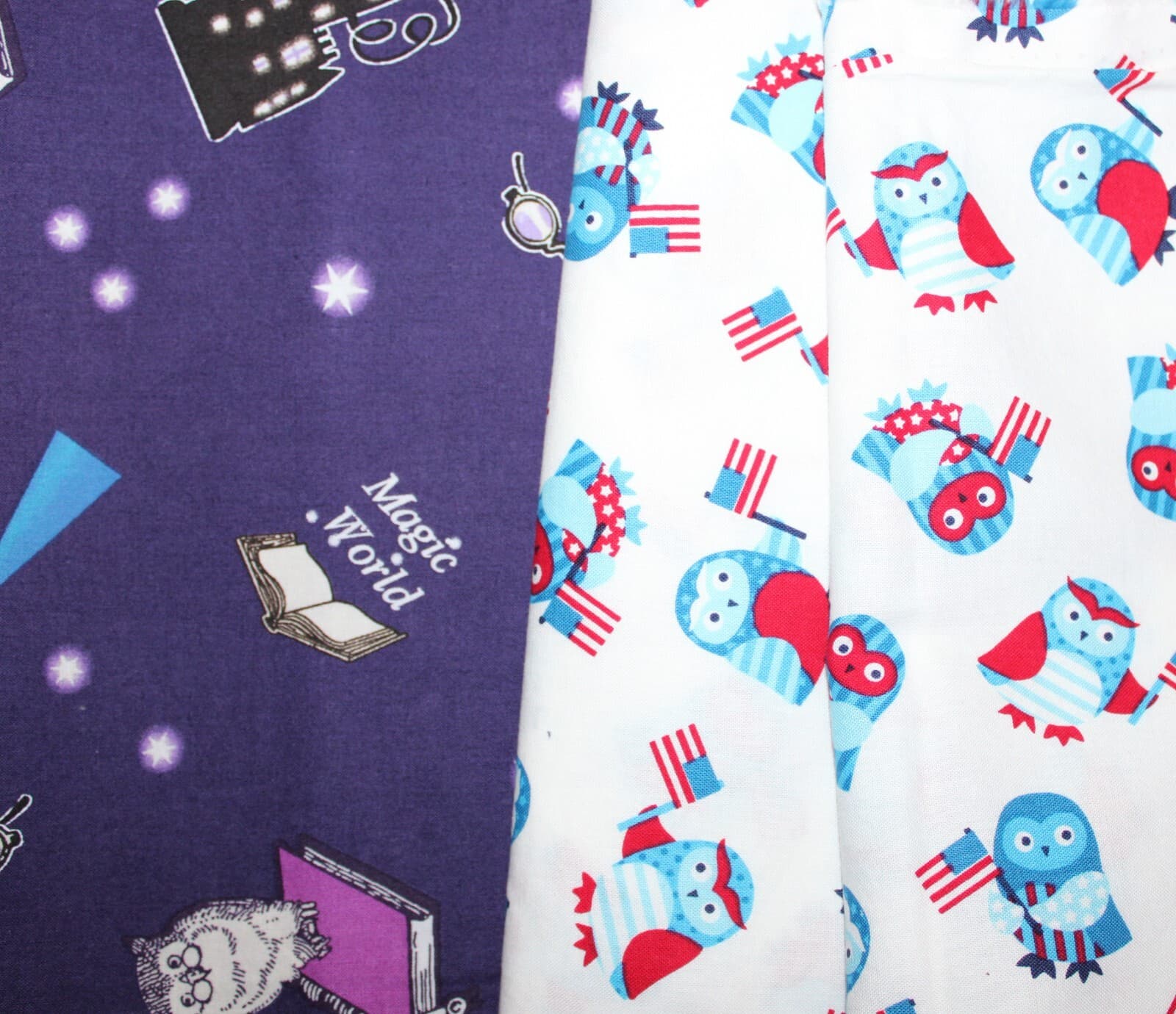 Fabric Owls 2 diff. Materials Magic World Owl and Patriotic Owl Red white blue