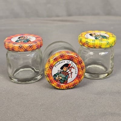 Vintage Tiny Jars w Lids Product of Scotland Bottle 3 Pieces Scott of Scotland