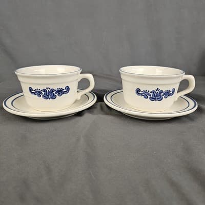 Pfaltzgraff Village Stoneware Cup & Saucer Blue Floral Set of 4 Coffee Tea Set-2