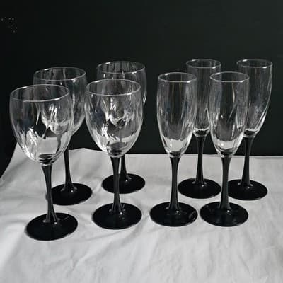 Vintage Luminarc France Domino Gothic Black Stem Wine Glass Set Of 8