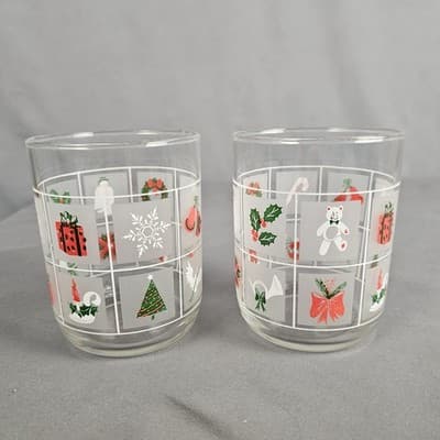Vtg Libbey Set 2 Christmas Low Ball Glasses Frosted Pane Bells Candy Cane Holly