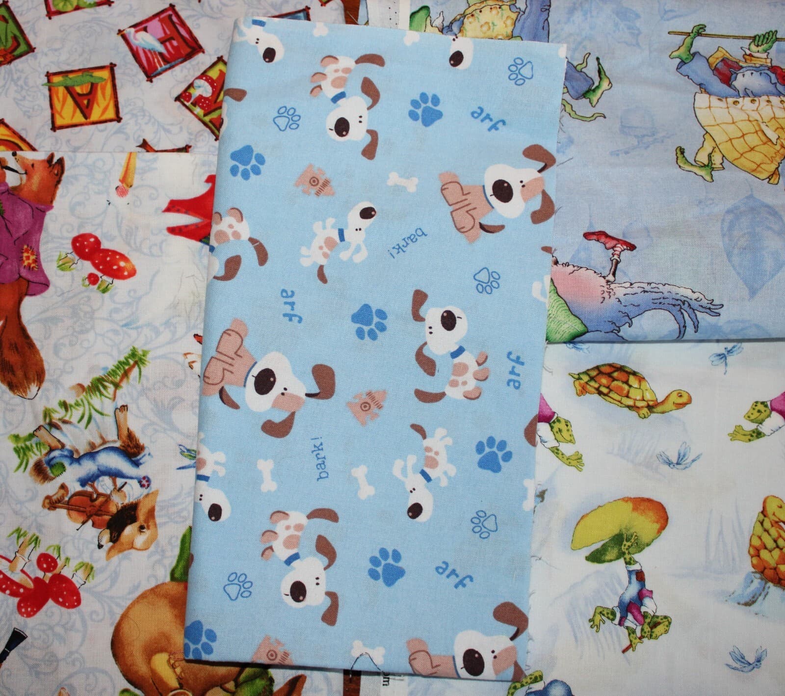 Fabric Frogs Turtles ABC Critters Puppies 6 remnants Fun Kids