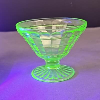 Green Uranium Depression Glass Sherbet Dish VTG Anchor Hocking Block Optic 1930s