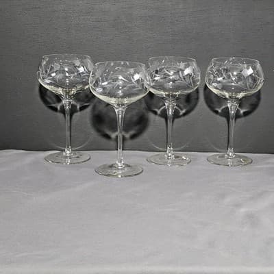 Vintage Bulgaria Hand Cut Crystal Champagne Glasses Floral Set 4 EUC 6.75" Tall