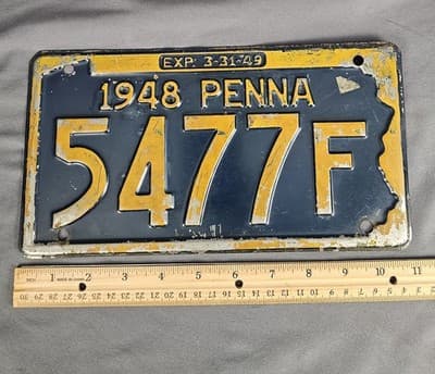 Vintage 1948 Pennsylvania License Plate 5477F PA Expired PA