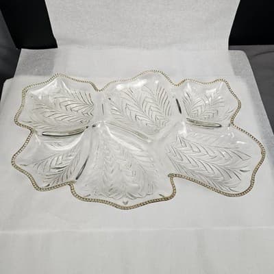 Jeannette Glass - Feather Pattern, Gold Trim, Divided Relish Tray Vintage 1950's