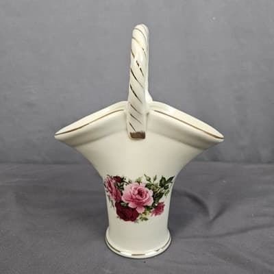 Vintage Victorian Roses Porcelain Basket Vase Handle Gold Accents Formalities