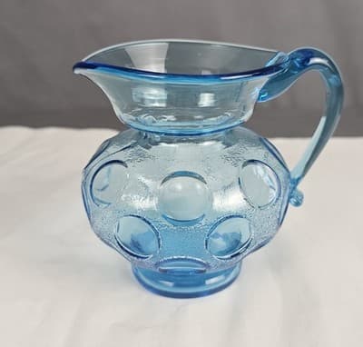 Vintage Fenton Blue Glass Coinspot Opalescent Water Pitcher 4" Tall