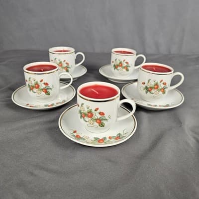 Avon Strawberry Demitasse Cup and Saucer 22k Gold Trim Set Of Five 1978 Candles