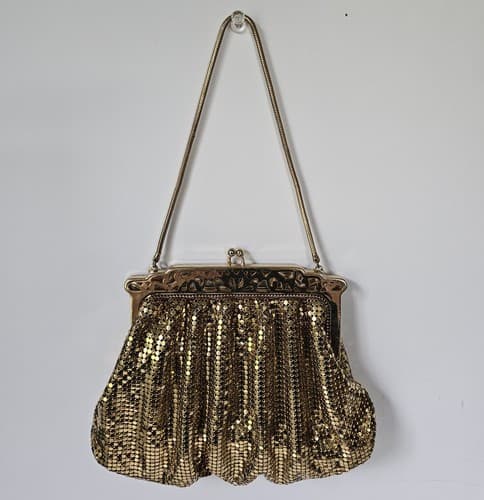 Whiting & Davis Gold Metal Mesh Evening Hand Bag Snake Chain Handle