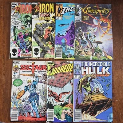 1980s Comics Lot of 7 Iron Man Indiana Jones Hulk Timespirits SEE Description