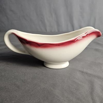 Sterling China Restaurant Ware Gravy Boat White Ceramic with Red Accent 8 oz.