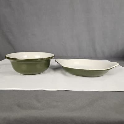 HALL Pottery Vintage 434 Ceramic Round Baking Dish & 392 Bowl Avocado green