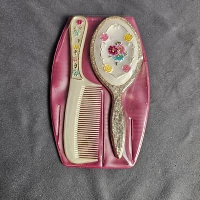 Vintage Child's Comb & Mirror Set in Case Floral Design Made in England 5" Long