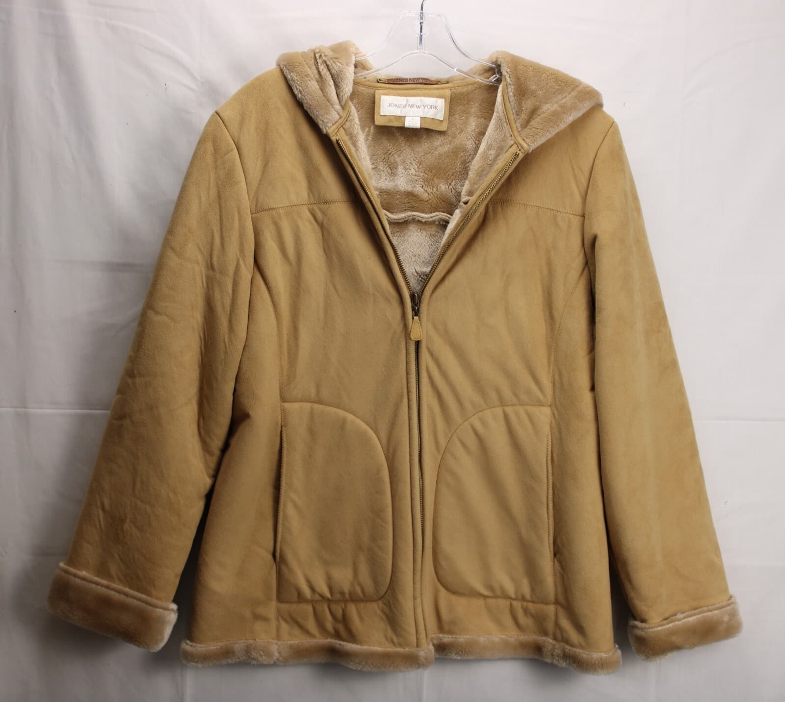 Womens Suede Coat Hooded Size S Jones New York Cream Faux Suede/ Fur Lined