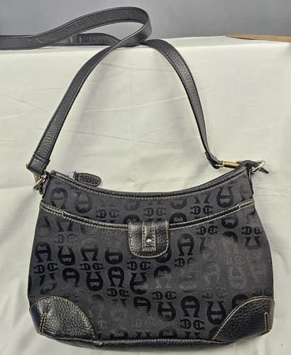 Etienne Aigner Vtg Signature Logo Print Handbag Purse Bag Bronze Black