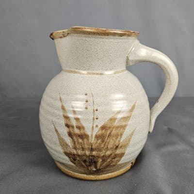 Stoneware Pottery Pitcher with Handle Hand Painted Leaves Tan with Brown USA