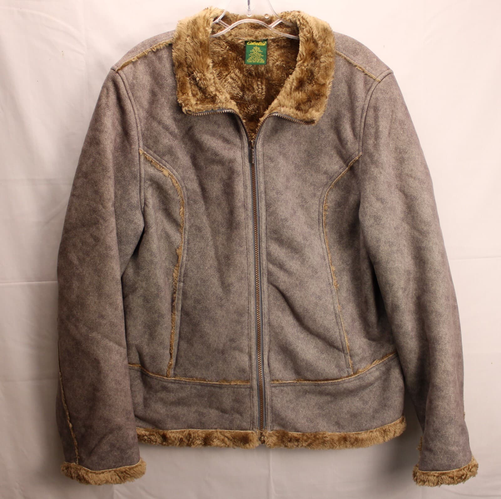 Cabela's Womens Sz Large Jacket Faux Suede Gray Winter Coat Lined Zipper Fur