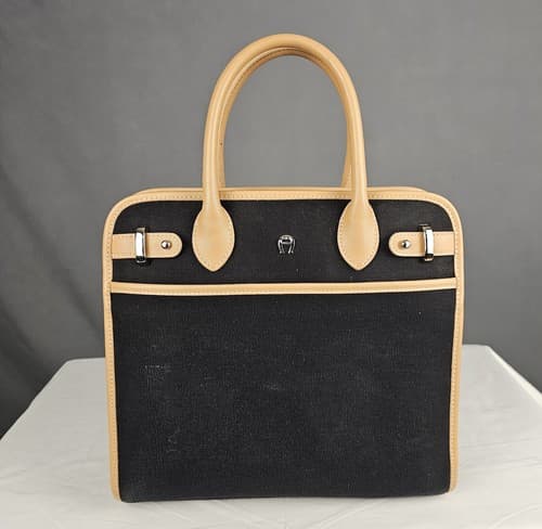 Etienne Aigner Black Beige Canvas Leather Trim Bag Purse Handbags Medium Zipper