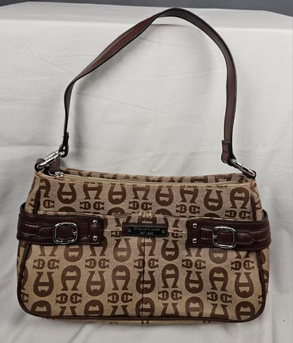 Etienne Aigner Vtg Signature Logo Print Handbag Purse Bag Bronze Brown