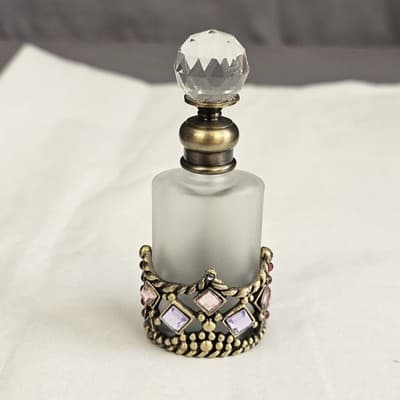 Vintage Perfume Bottle Crystal Glass Top Gold Tone Rhinestones Frosted Glass