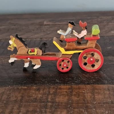 Vintage Handmade Wooden Miniature Horse & Carriage Figure Japan Free Shipping