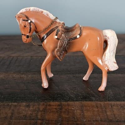 Vintage Cast Metal Horse Miniature Figurine w Western Saddle Mid Century Painted