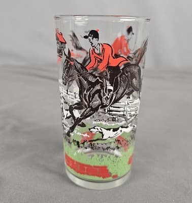 Hazel Atlas Tumbler Glass Hunt Scene Jump 16 oz Equestrian drinkware 6" H
