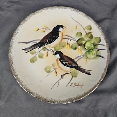 Hand Painted With Gold Trim Birds Plate/wall Hanging. 8” Across. Japan Enesco