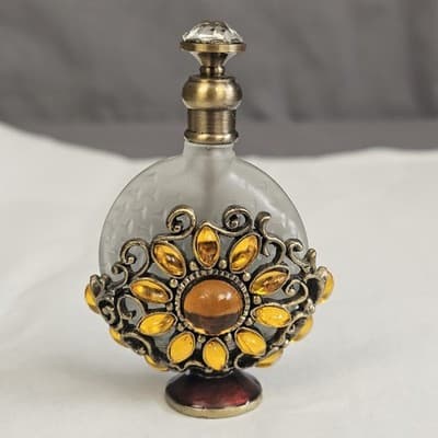 Vintage Perfume Bottle Crystal Glass Top Gold Tone Rhinestones Frosted Glass