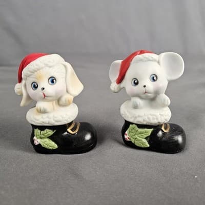 Vintage Homco 8903 Porcelain Christmas Puppy Mouse is a Shoe Figurines Set of 2