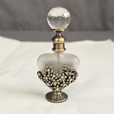 Vintage Perfume Bottle Crystal Glass Top Gold Tone Rhinestones Frosted Glass