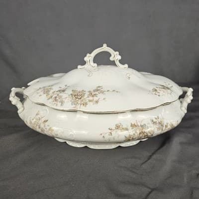 LS&S Carlsbad Large Tureen Soup & Lid Austria Pink Blue Florals Scalloped Vtg