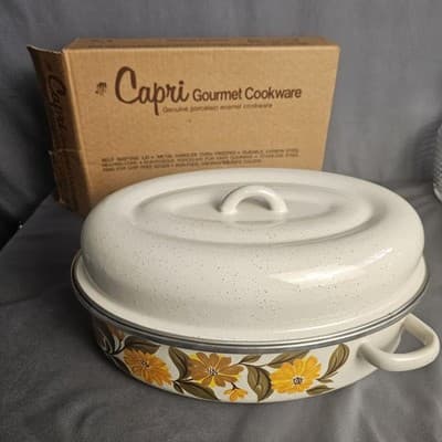 Enamel Covered Roasting Pan Capri C-10 Offset Handles Tan Daisies NIB