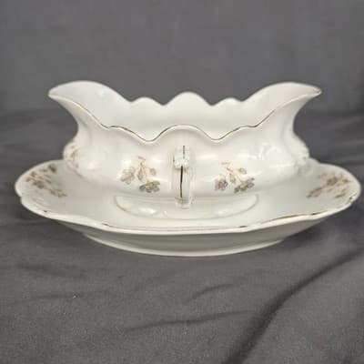 LS&S Carlsbad Gravy Boat with Bottom Austria Pink Blue Florals Scalloped Vtg