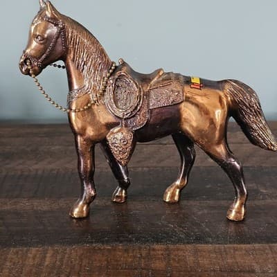 Vintage Cast Metal Souvenir Prize Horse Figurine Copper Colored Western Saddle